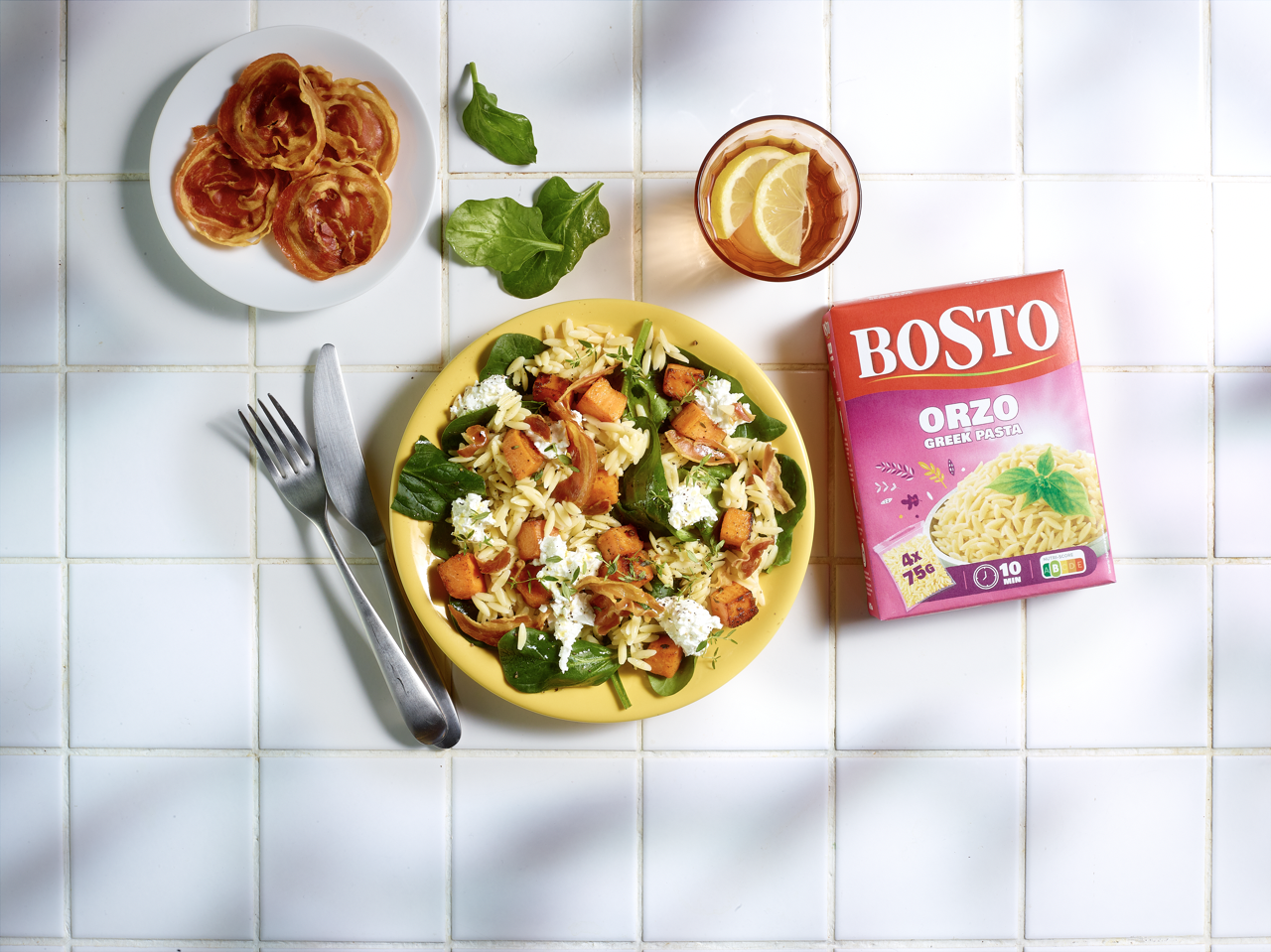 Bosto Recept - Orzo salade met geitenkaas, zoete aardappel en pancetta